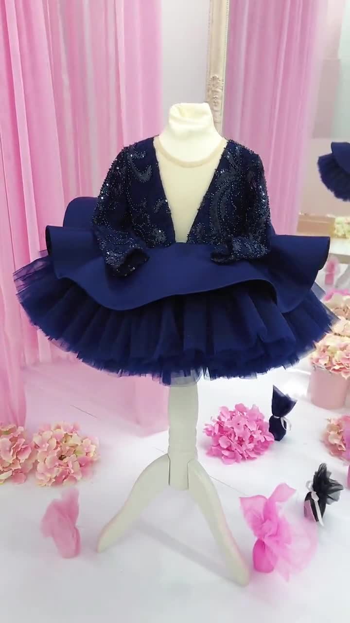 Discoball Abito Da Bambina 3D Con Fiori E Fiocco - Tulle E Cotone, Colore Blu Navy, 2-3 Anni - Perfetto Per Compleanni, Feste E Occasioni Speciali