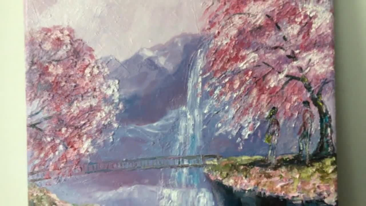 Oil Painting Original Japanese Mountain Landscape Pink Cherry