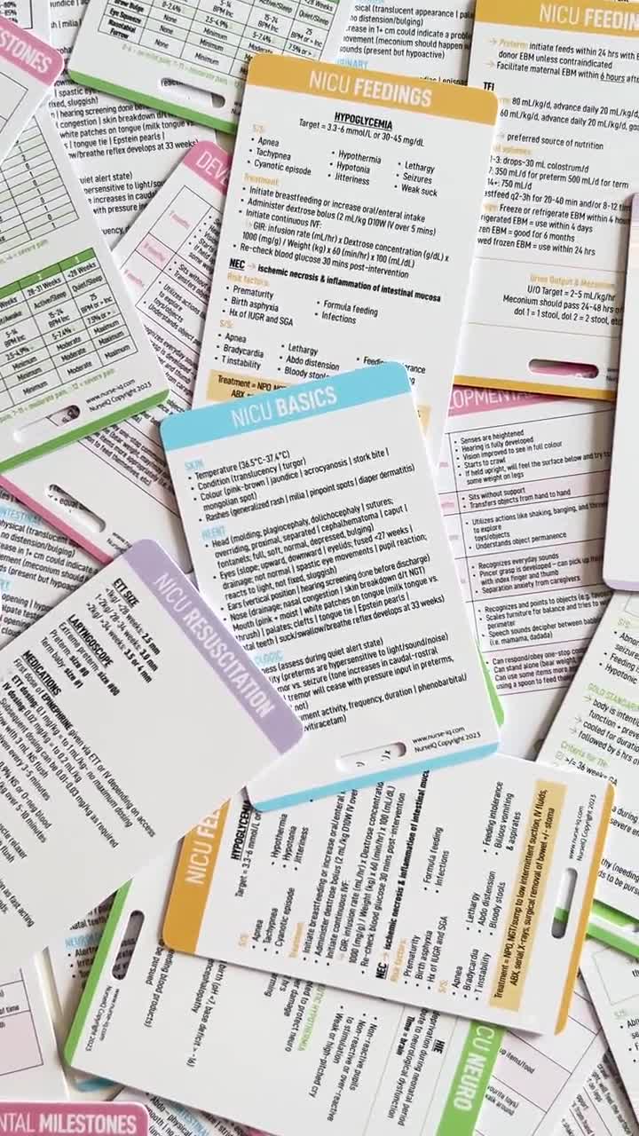 Neonatal Intensive Care Unit NICU Nurse Reference Card Bundle for Student  Nurses and Rns Attach to Your Badge Reel or Lanyard 