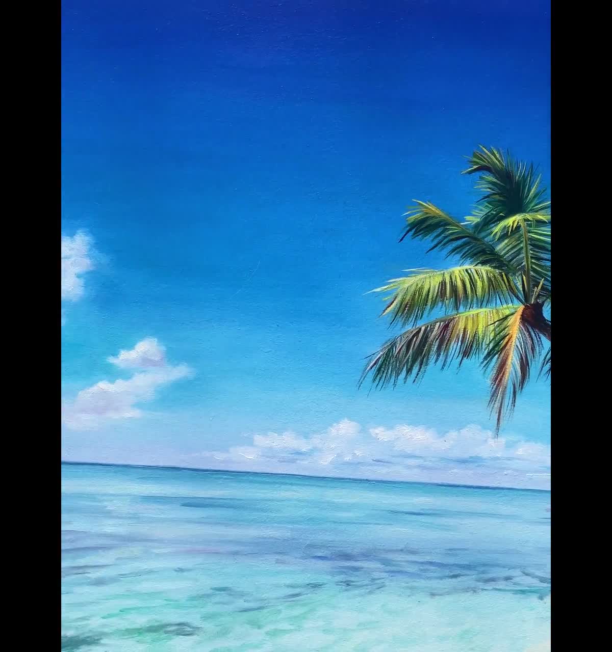 ハワイの海の油絵オリジナル、カラフルなエキゾチックなビーチのアート