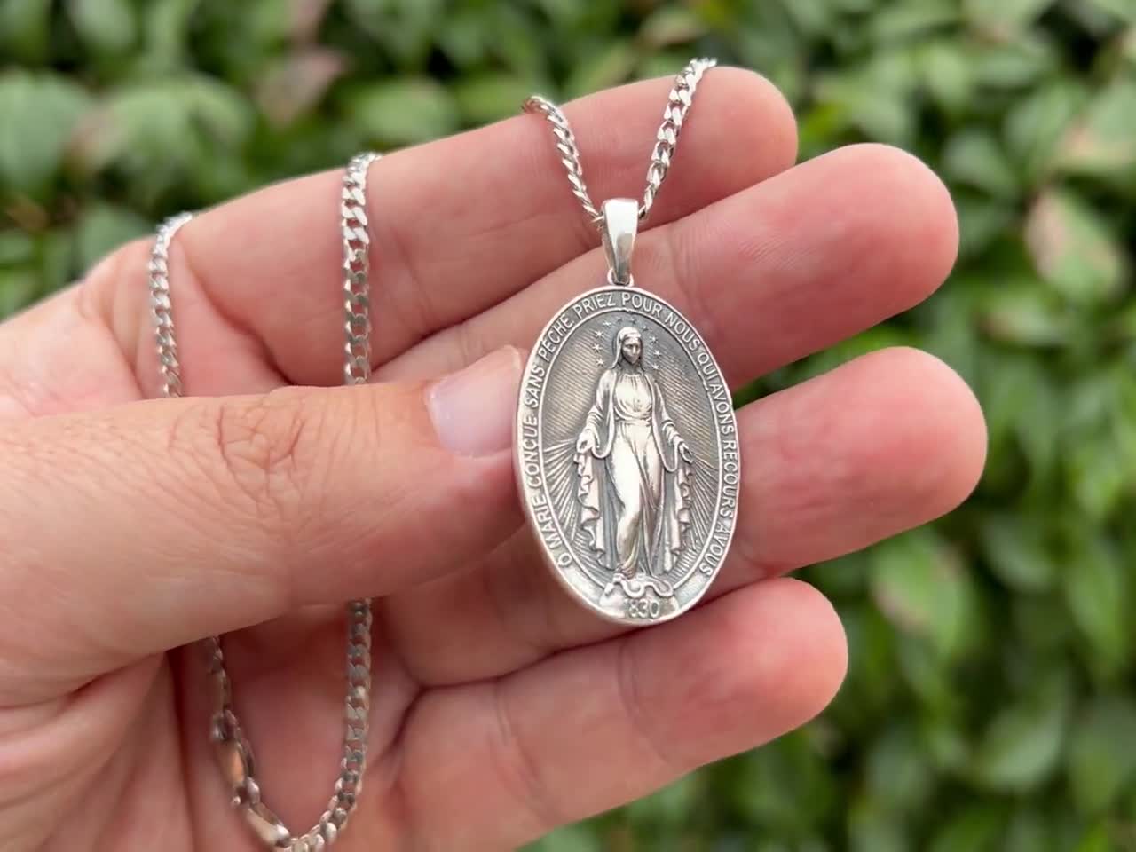 Large antique sterling silver Miraculous Medal - Medjugorje Jewelry