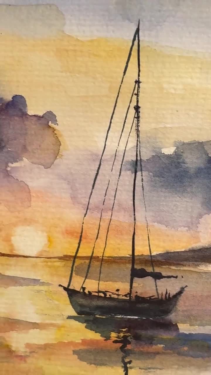 オリジナル水彩画「帆船」：カリフォルニアの海景アート 6x8 - Etsy 日本