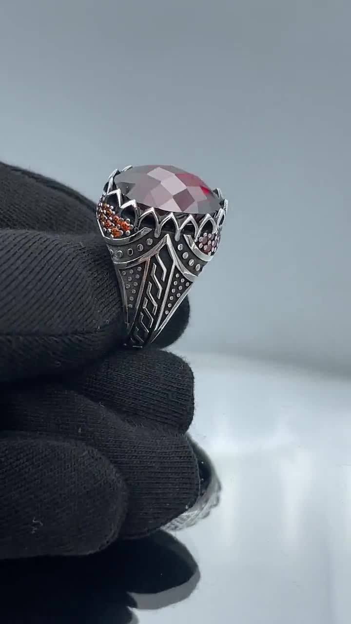 Men Oval Zircon Stone Ring, Handmade Red Stone Silver Ring
