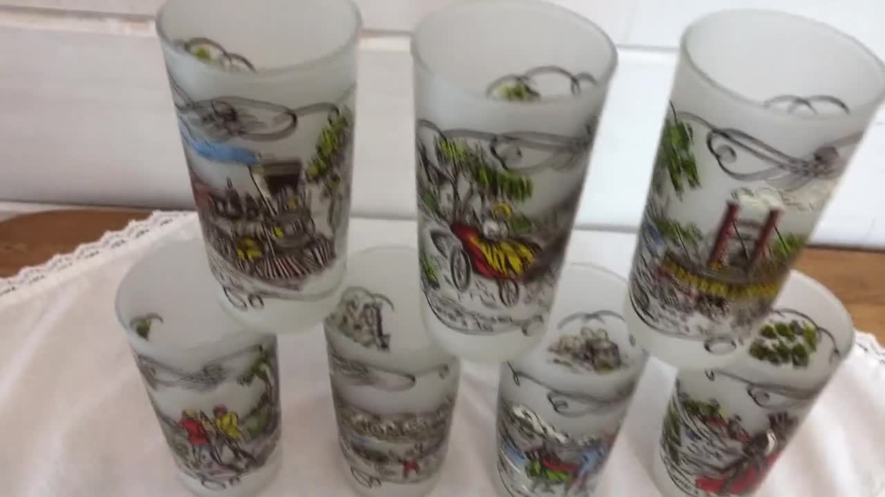 1950s Currier and Ives Frosted Nostalgic Scenes Tumbler Glasses Set of 7