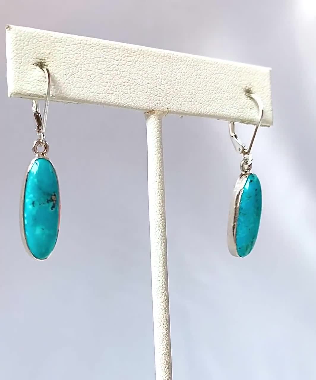 TURQUOISE and Sterling SILVER Drop Earrings/ South West style Oval shape  Classic Turquoise Earrings/ December Birthstone/ BFF Great Gift!!