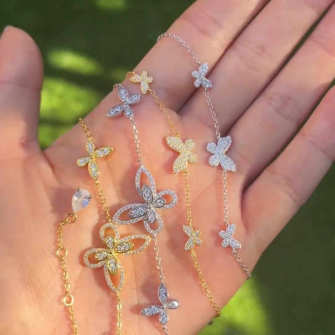 Gold & Pave Double Butterfly Bracelet 14K Yellow Gold