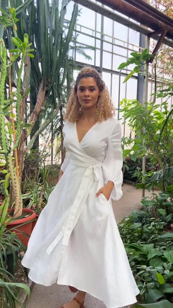 White Puff Sleeve Linen Dress, Wrap Style, Summer Linen Clothing White Puff Sleeve Linen Dress, Wrap Style, Summer Linen Clothing