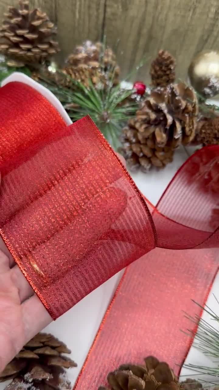Christmas Ribbon Wired 1.5 Inch Set of 3 Ribbon Wire Red, Gold, Silver /  White Sheer Organza Glitter Gift Wrapping, Xmas Tree Ribbons Decoration