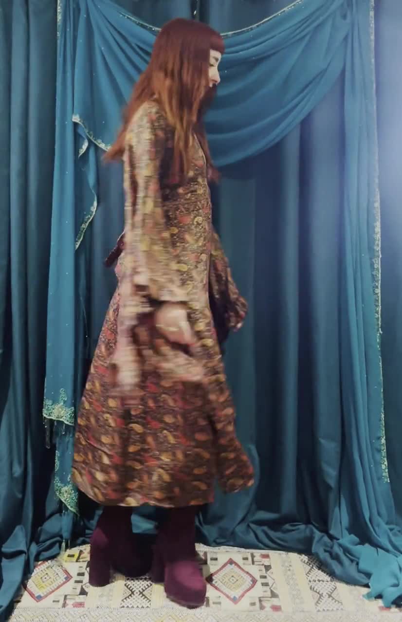 Boho 70's Maxi Silk Flared Sleeve Dress. Party Outfit