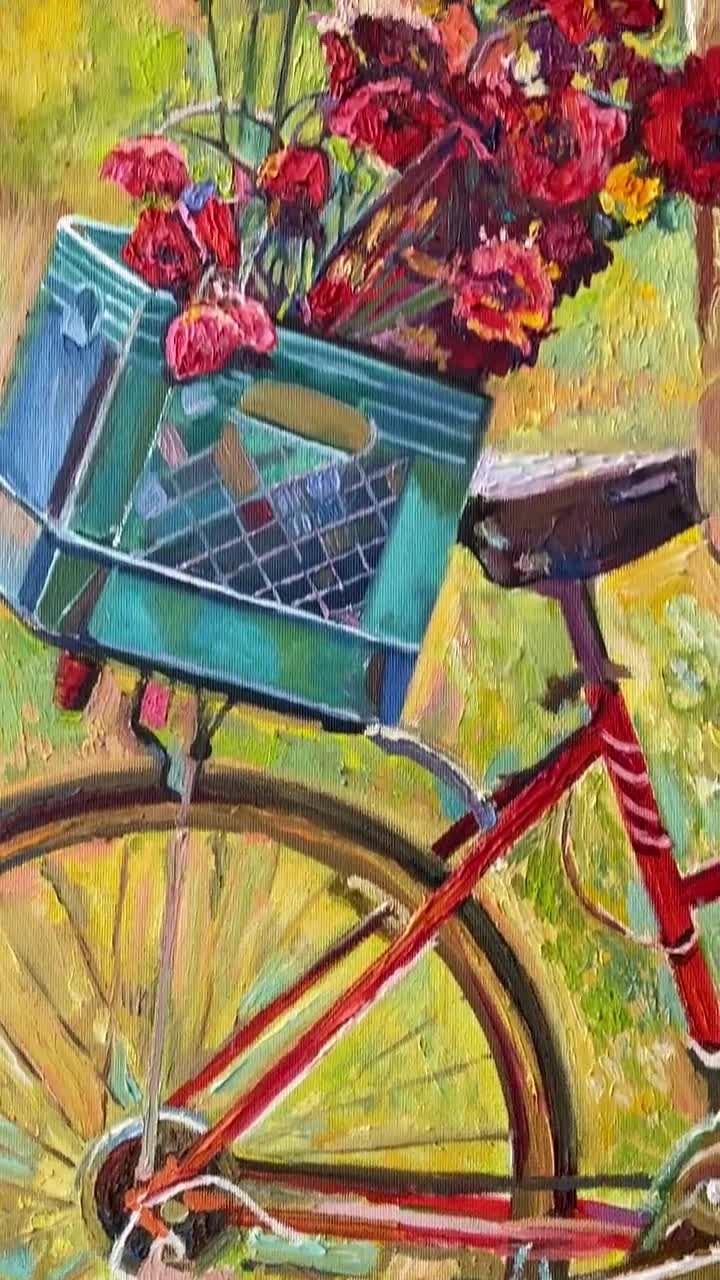自転車に乗った少女の油絵：印象派アート（23.6インチ×31.4インチ