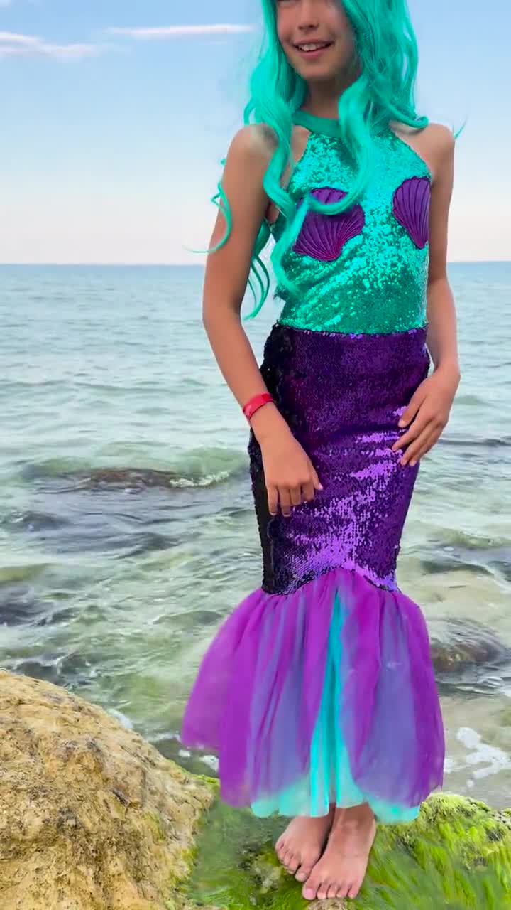 Mermaid Dress for Girls – Teal Halter Sequin Top, Purple Tail