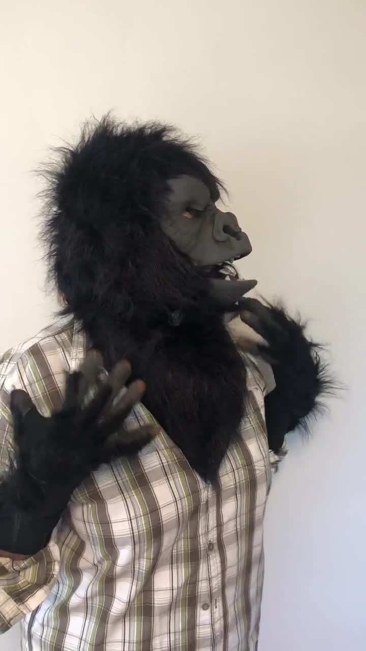 Gorilla Costume Ape Monkey Mask Gloves Fur Collar Chest Adult Halloween  Costume 