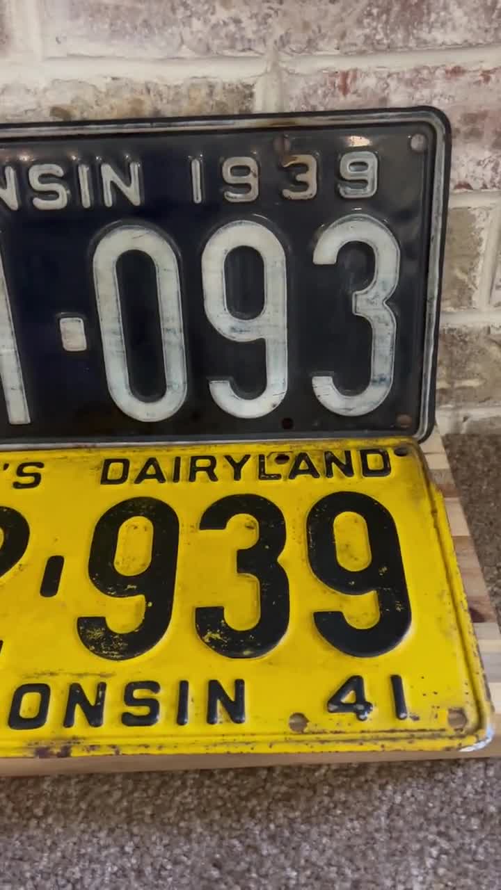 Antique Wisconsin License Plates: 1939 Black Plate & 1941 Yellow