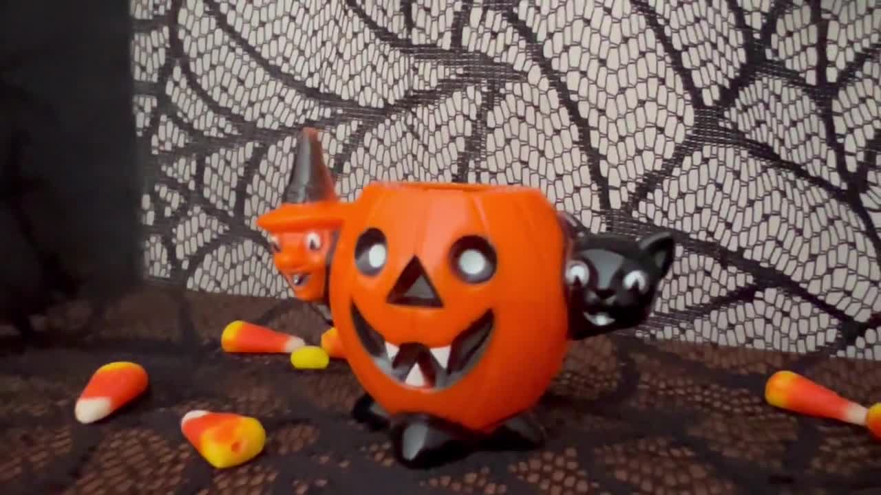 Vintage Rosbro/tico Toys Jack-o'-lantern With Witch and Black Cat
