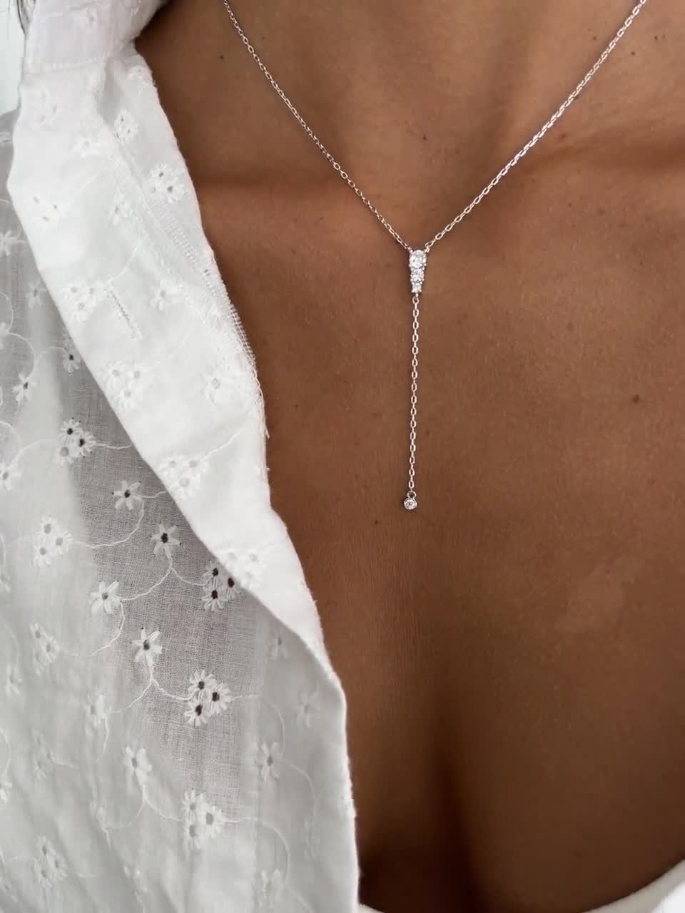 Silver 925 Lariat Necklace, CZ Solitaire Lariat Y Drop Necklace