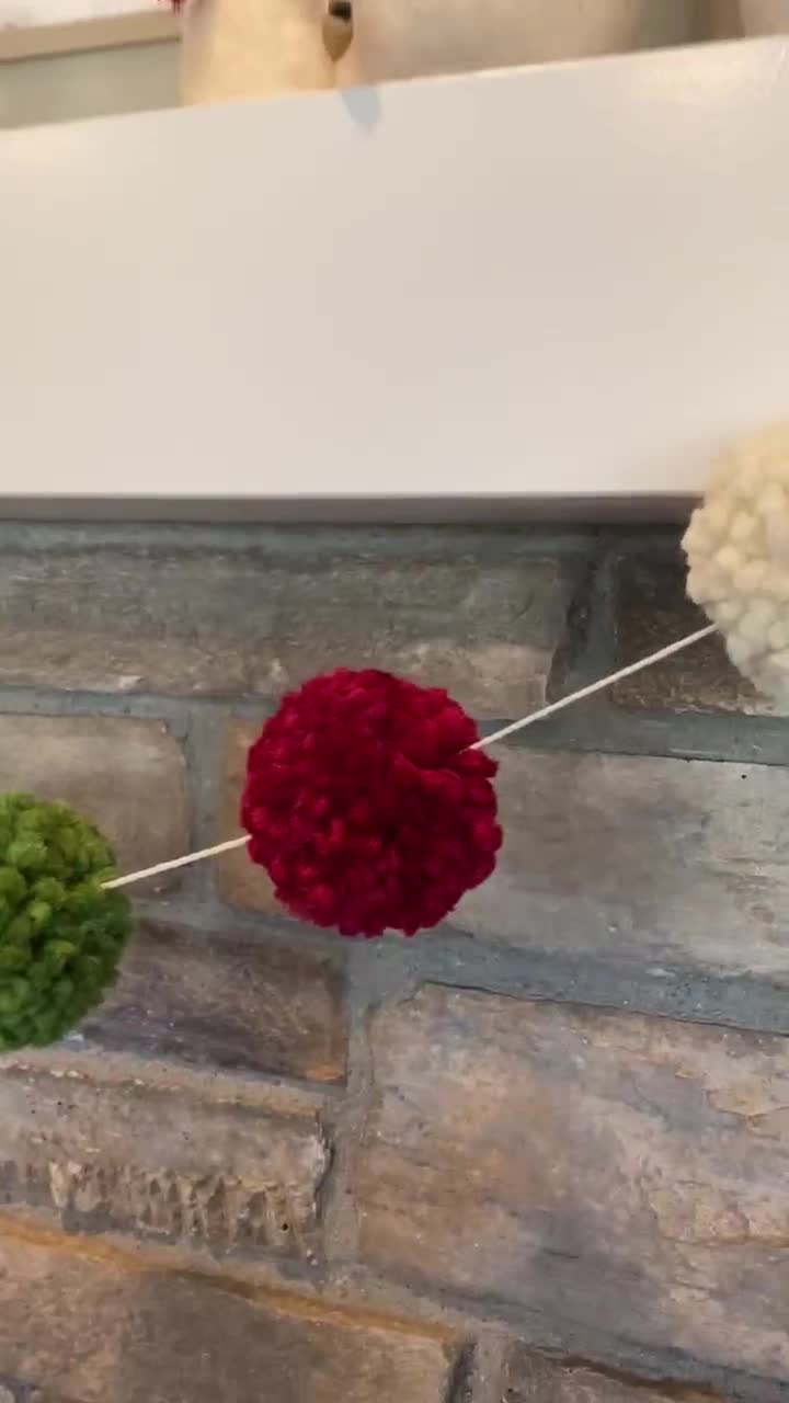 Farmhouse Christmas Pom Pom Garland, Red and Green Rustic Wood