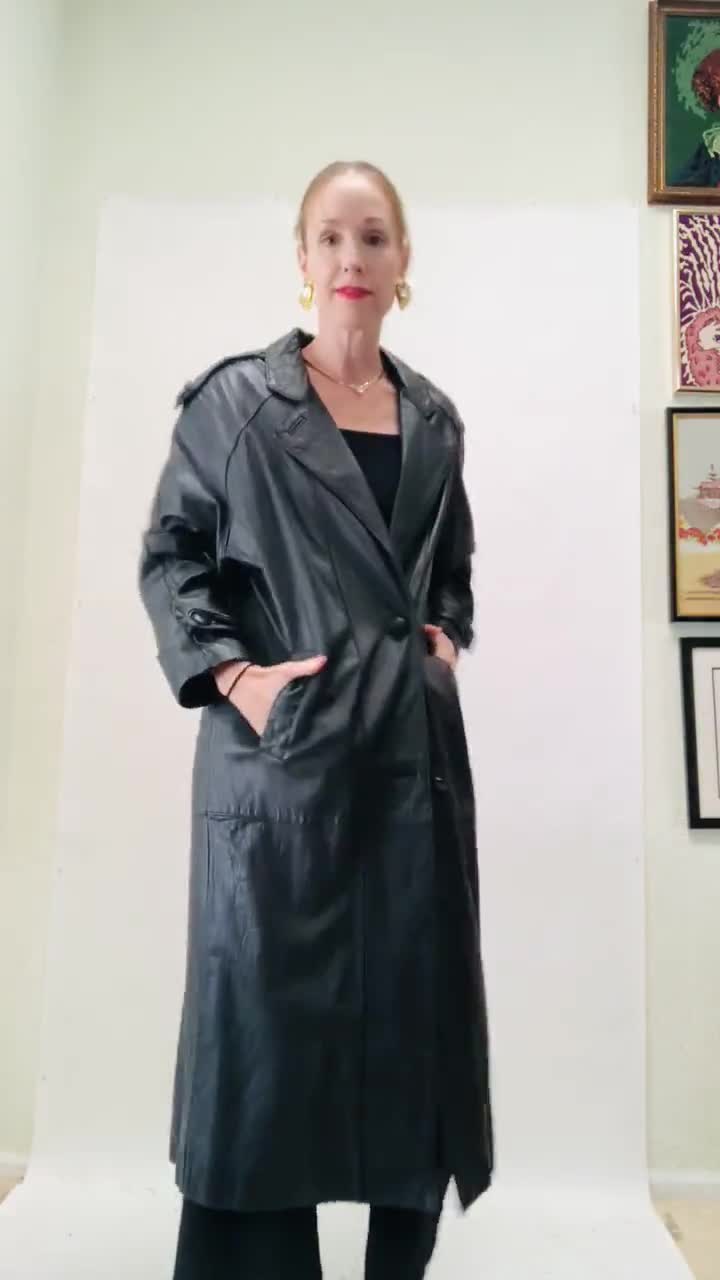 80s 90s Gorgeous Vintage Black Leather Jacket Trench Coat