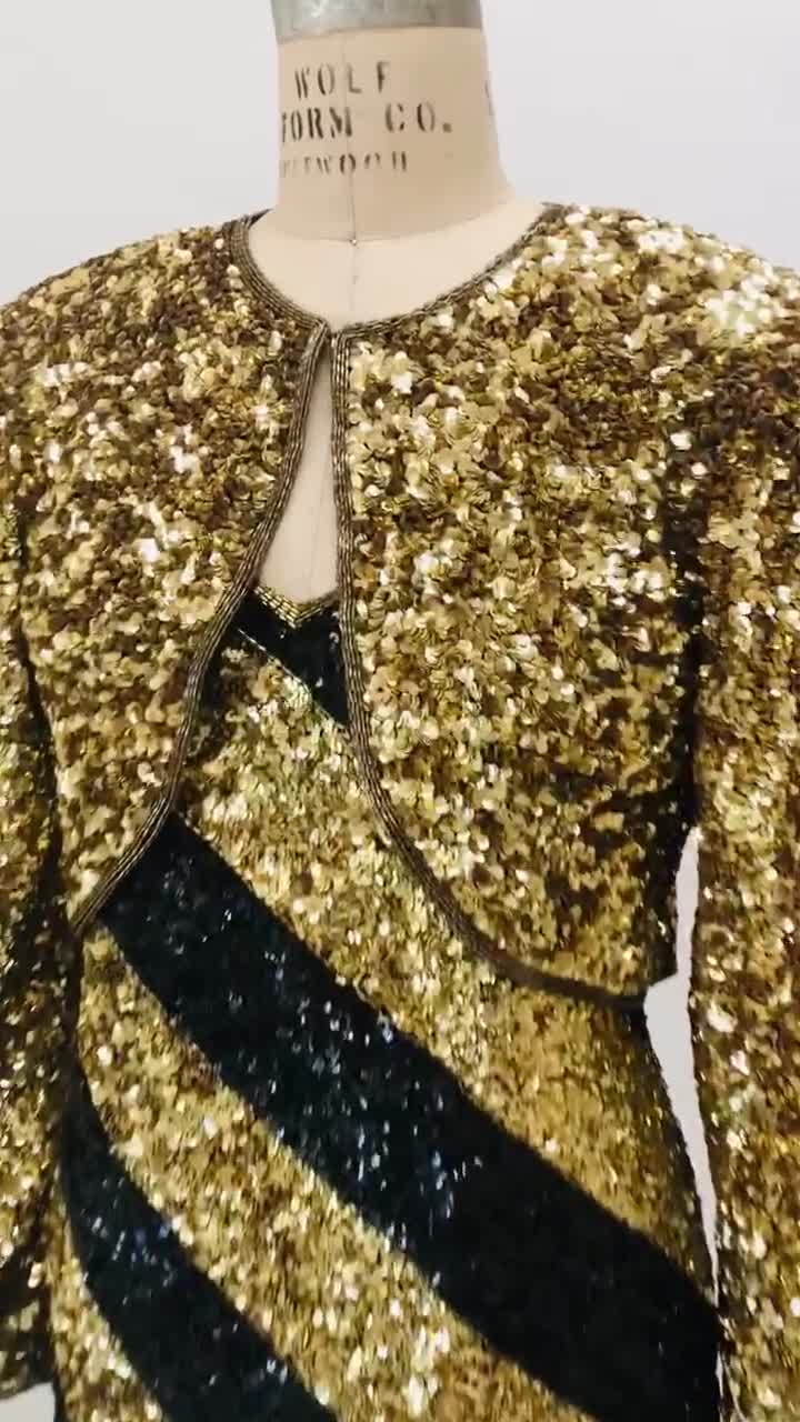 90s Vintage Black Gold Metallic Sequin Dress Tank Sleeveless Gold Sequin  Jacket Bolero // Vintage 90s Sequin Showgirl Party Dress and Jacket