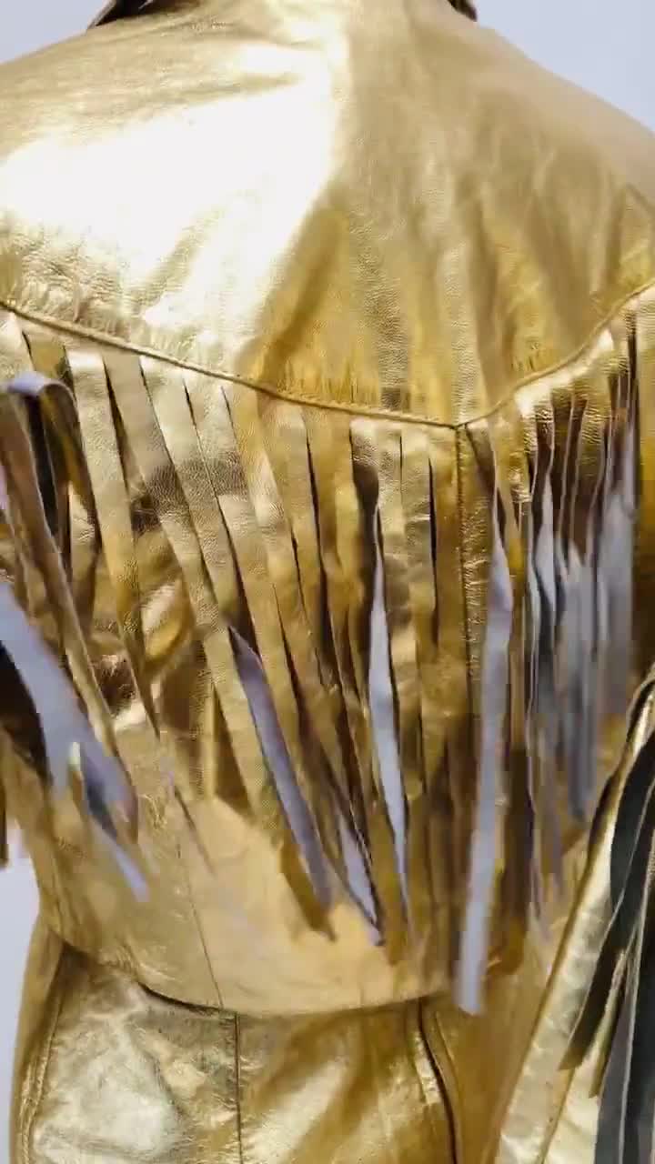 80s 90s Amazing Vintage Gold Fringe Leather Biker Jacket