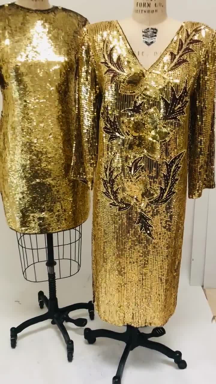 80s 90s Vintage Gold Sequin Dress Vintage Gold Metallic Dress Small Medium// Sequin Dress Flapper Inspired Cher Dress 80s Glam