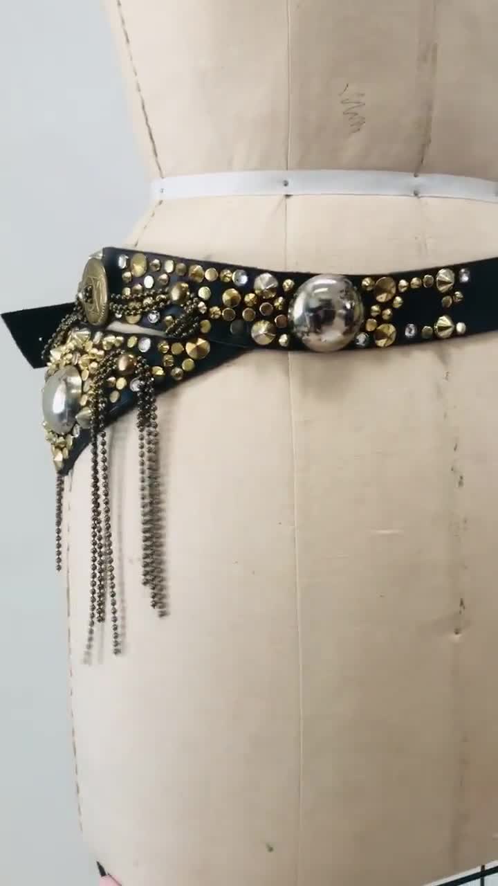 80s Vintage Black Gold Studded Rhinestone Belt by Michael