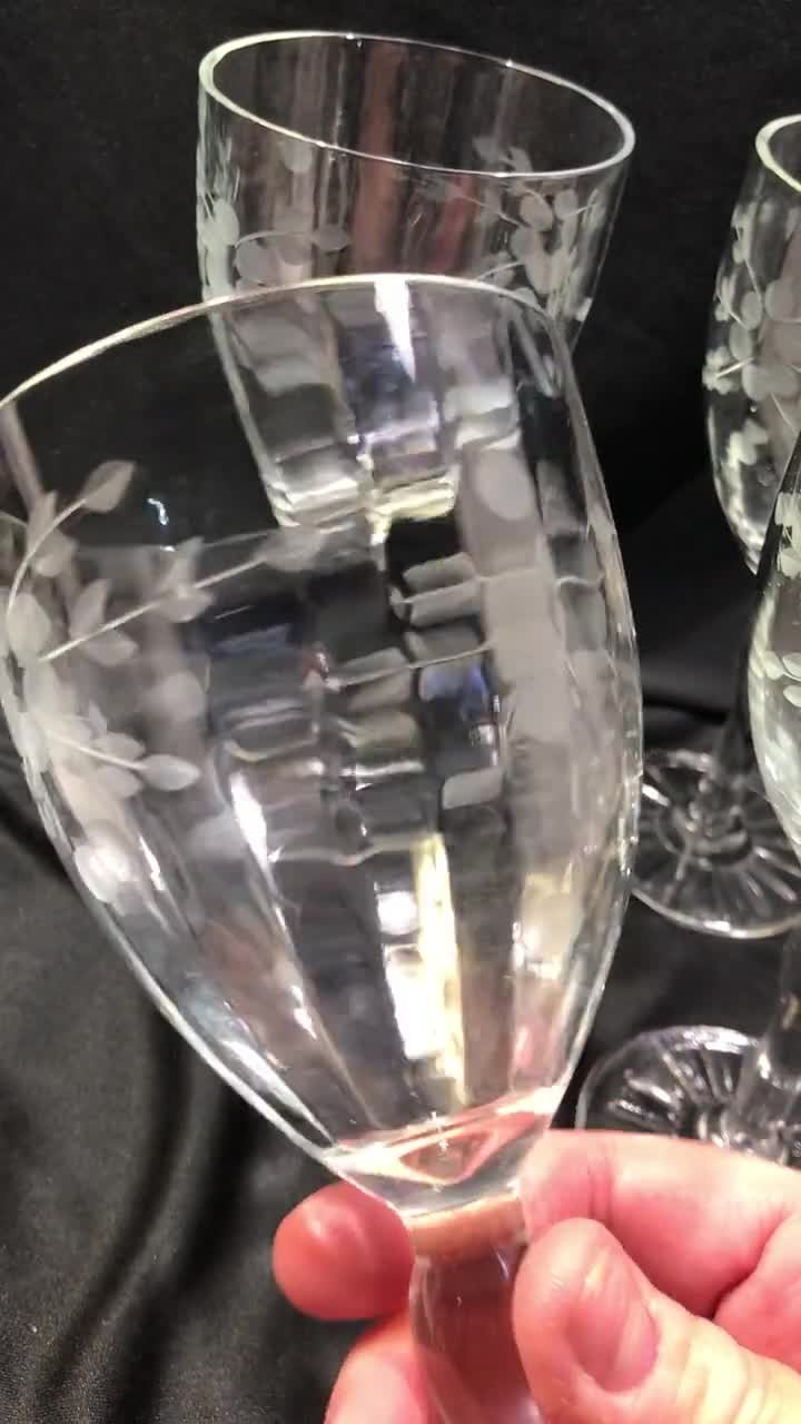 Wine Glass Set, Etched Cut Stemware Lot, Set of 4 Glasses, Etched