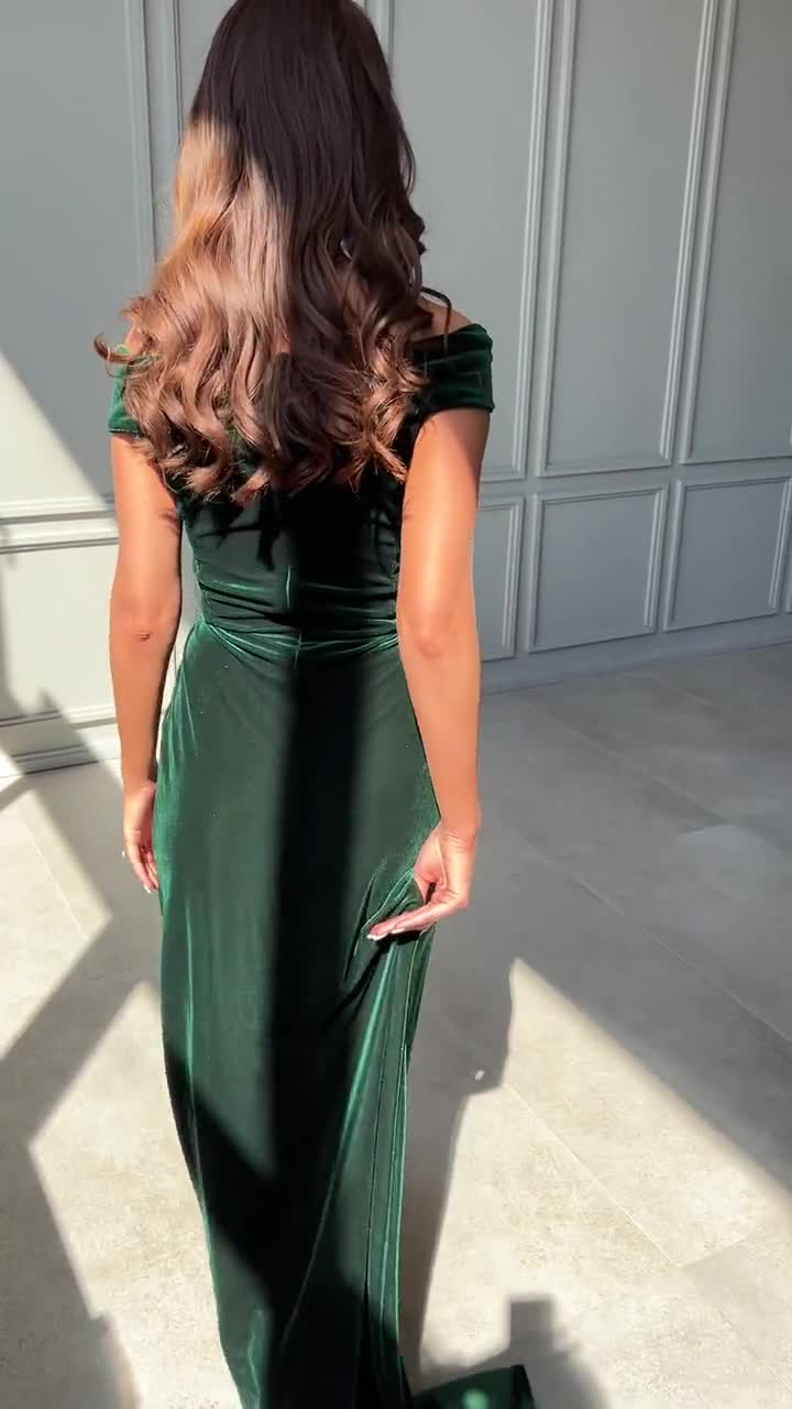 xscape green velvet dress Katrina Velvet Asymmetrical Neckline Cap Sleeve Floor Length Dress