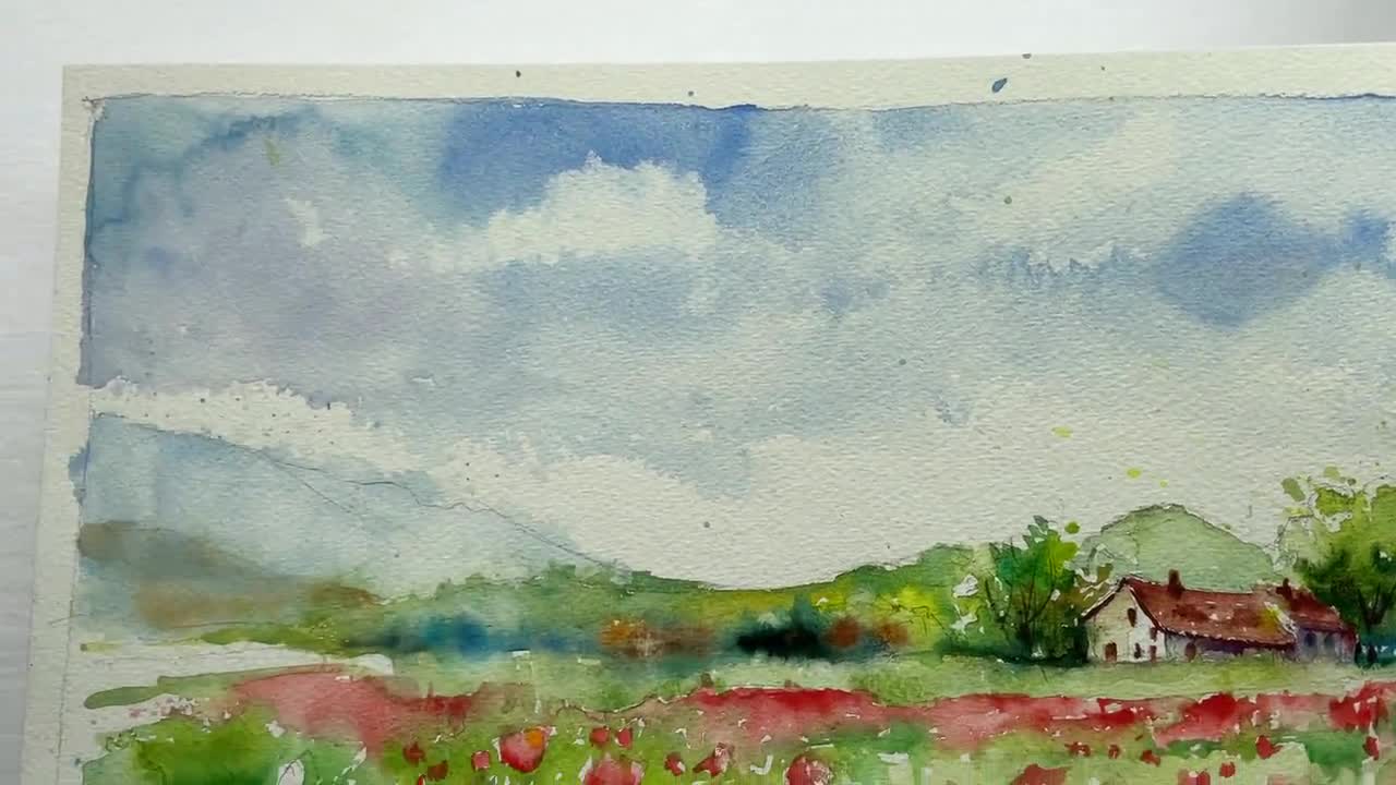 長閑な農家の風景 水彩画 額装済み ケシ畑、赤いケシの風景、南フランスのプロヴァンスの農家を描いた