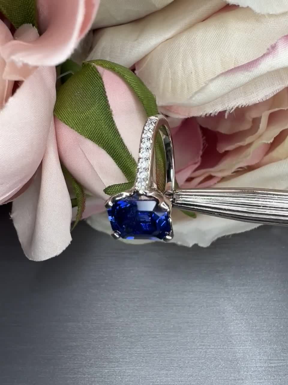 Emerald Cut Blue Sapphire and Moissanite Engagement Ring, Blue Sapphire and  Diamond Engagement Ring, White Gold Sapphire Wedding Ring #4919