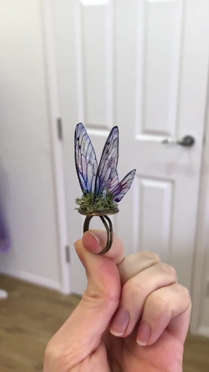 Fairy Wing Butterfly Cicada Insect Ring Deep Purple Sparkle