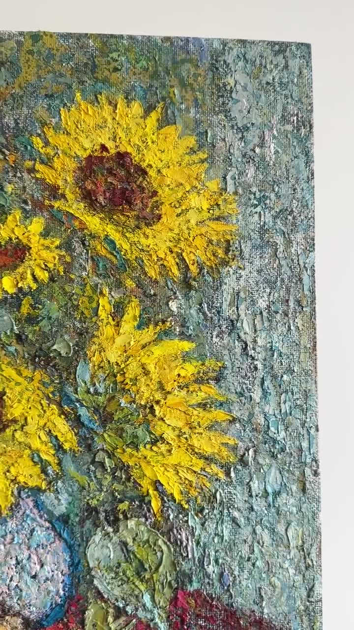 オリジナル絵画、油絵、印象派、静物画、果物と花、ひまわりと梨