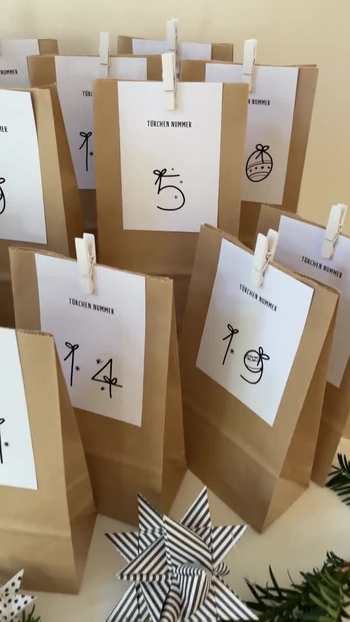 Calendrier De L’Avent DIY Ursus - 24 Sachets Kraft Avec Autocollants Et Pinces En Bois - À Personnaliser Pour Noël - 3
