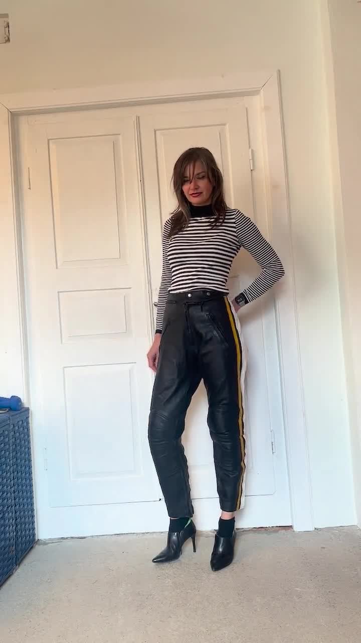 Vintage 80s Black Leather Racing Pants With Yellow & White Stripes