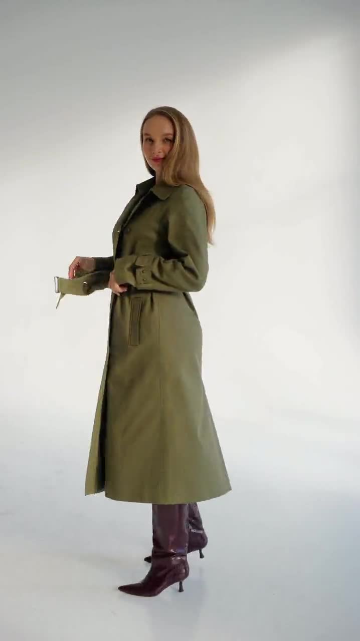 Khaki Green Long Trench Coat, Olive Green Maxi Trench Coat, Cotton