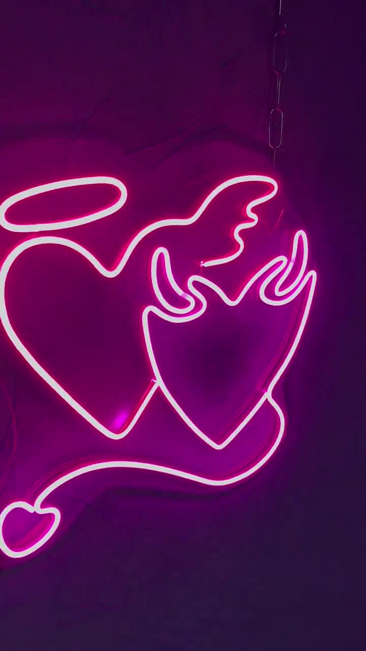 Angel and devil heart LED neon sign for bedroom. LED decor for cosplay and  romance.