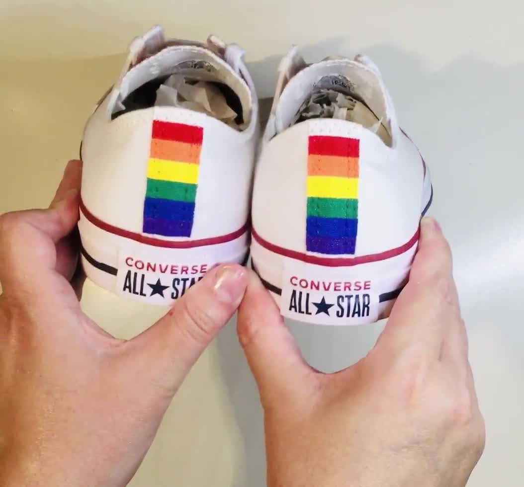 White Converse Hand Painted Gay Pride With Rainbow Flag picture image