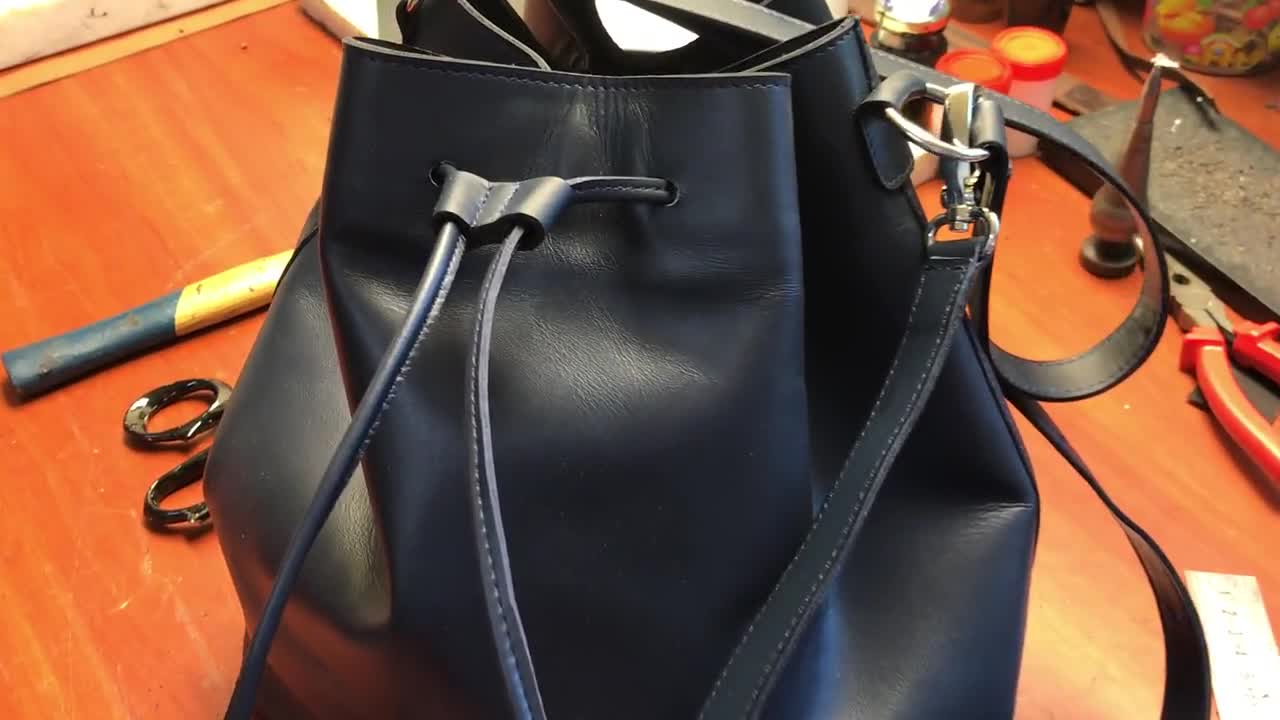 Navy leather outlet bucket bag