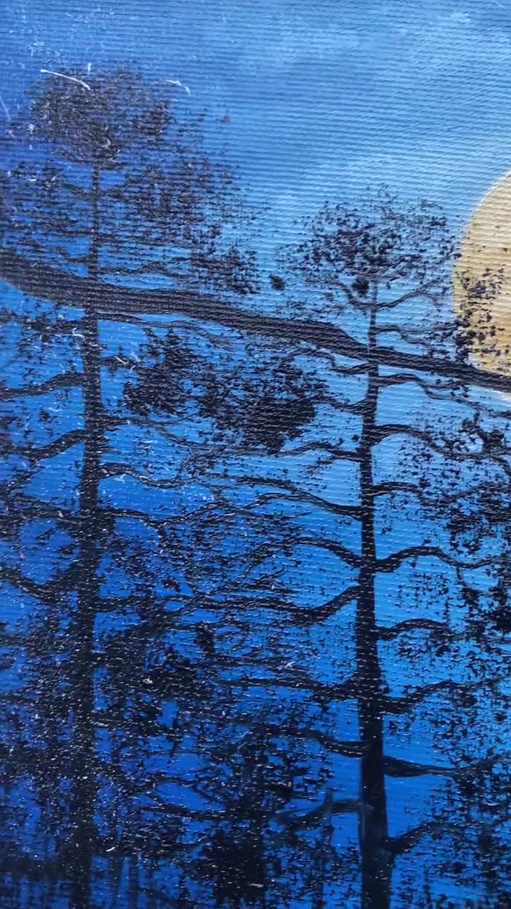 油絵 絵画 【冬の森の満月】 オリジナル満月油絵：夜の森の風景インパストアート（8x6インチ