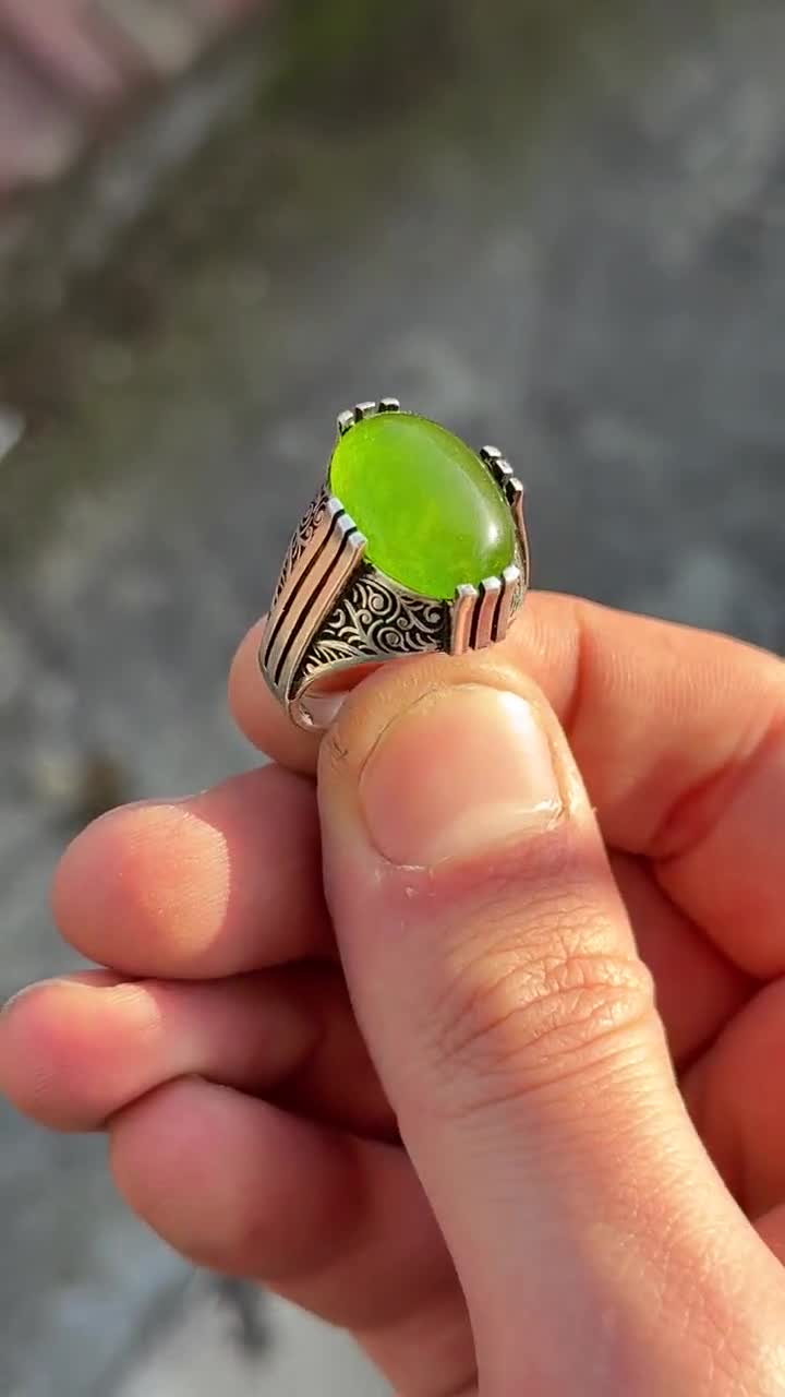 メンズシルバー翡翠ストーンリング、天然翡翠ミニマルリング、翡翠