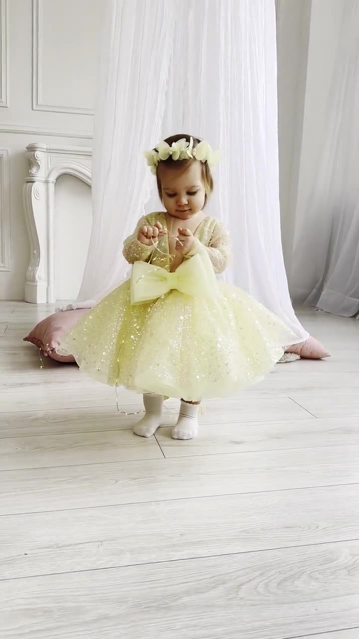 yellow christmas dress Sparkling Yellow Christmas Baby Dress, Birthday Baby Photoshoot, Sequined  Flower Girl Dress, Long Sleeve, Pageant Toddler Formal Event Dress