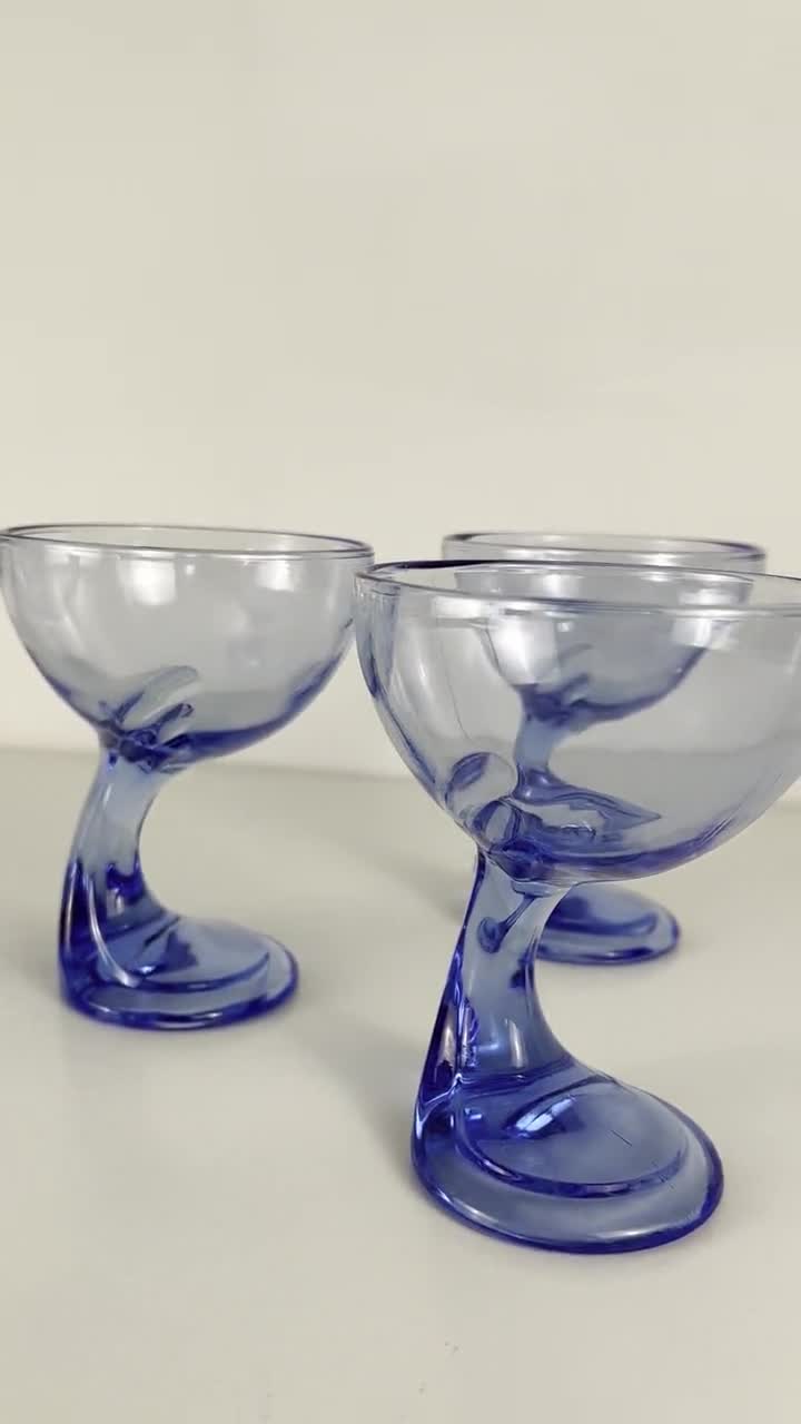 Vintage Bormioli Rocco Cocktail Glasses Retro Blue Stemmed Dessert Bowls 