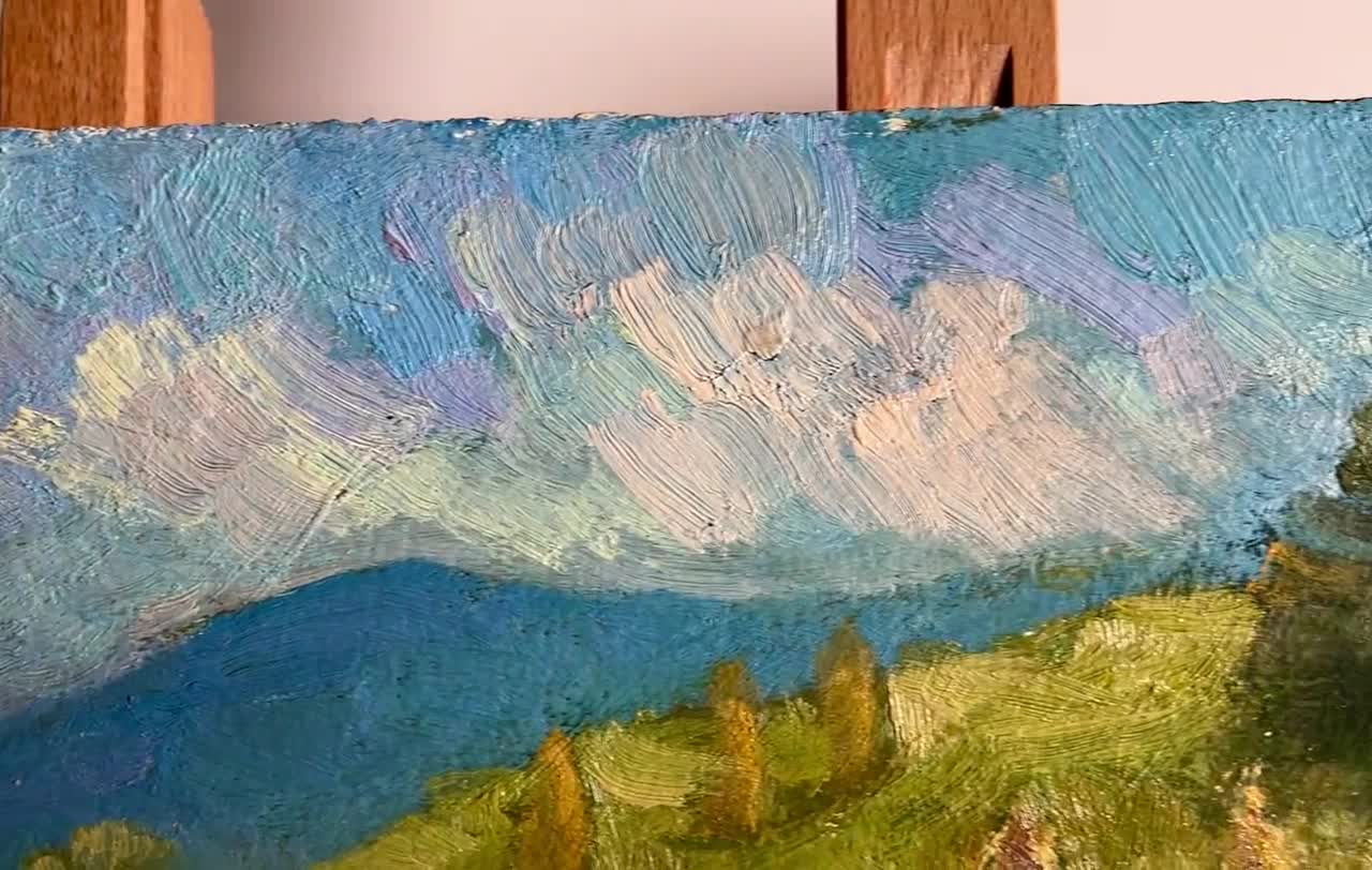 自作の油絵 油絵風景画オリジナル、段ボールに描いた絵、山の風景画、手作りアート