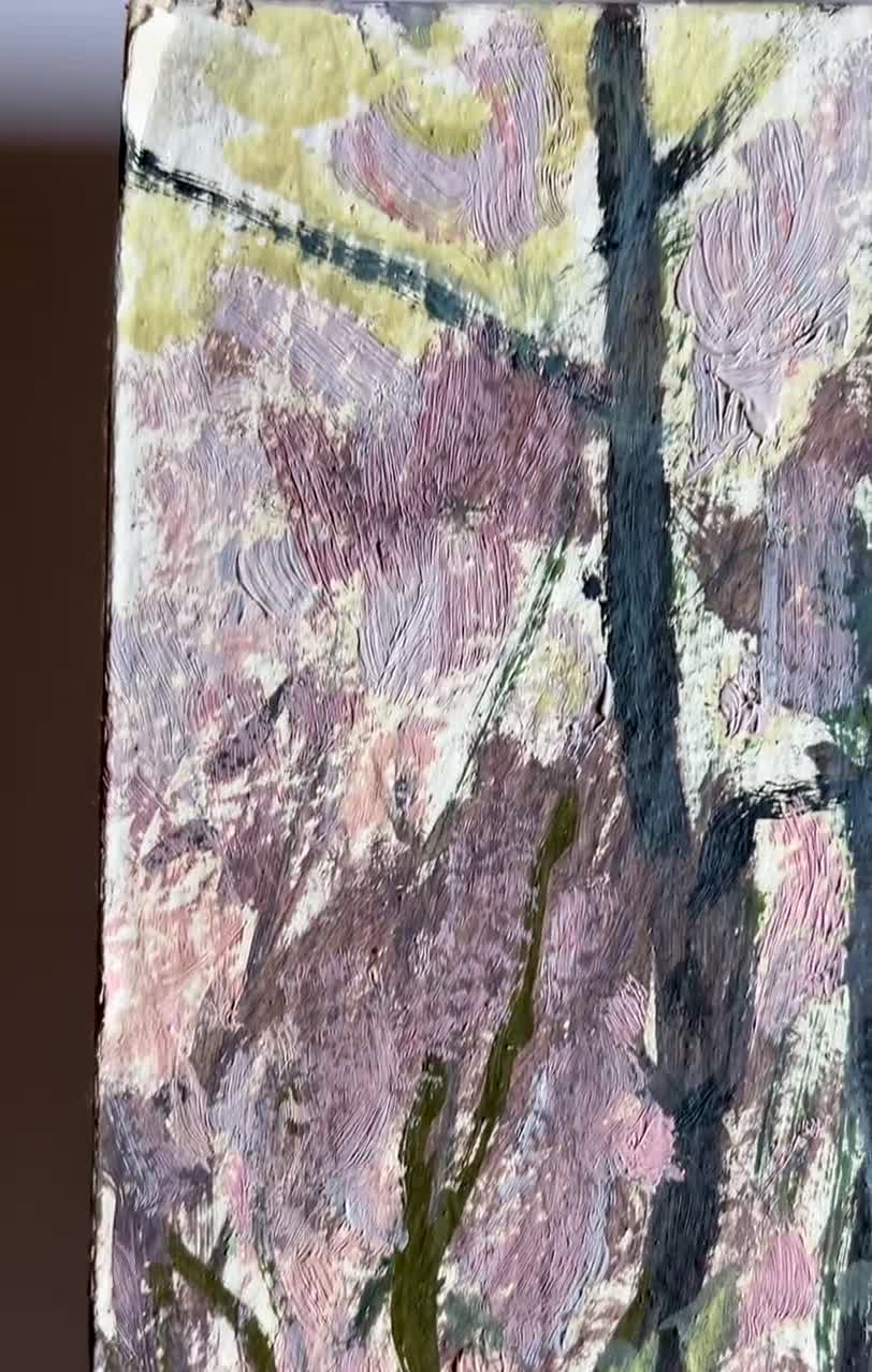 油絵風景画オリジナル、段ボールの油絵、木々に囲まれた穏やかな反射