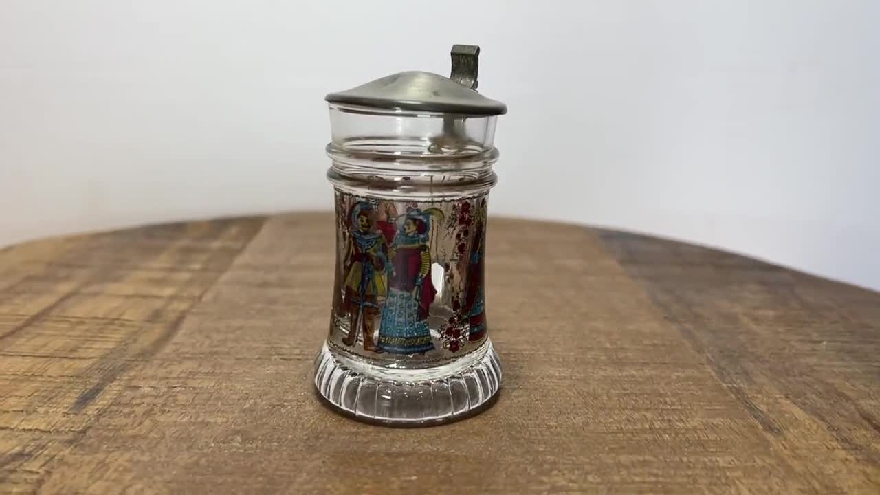 Vintage Miniature Glass Stein with Metal Lid Original BMF Schnapskrugerl  Tiny Glass Drinking Mug with Images