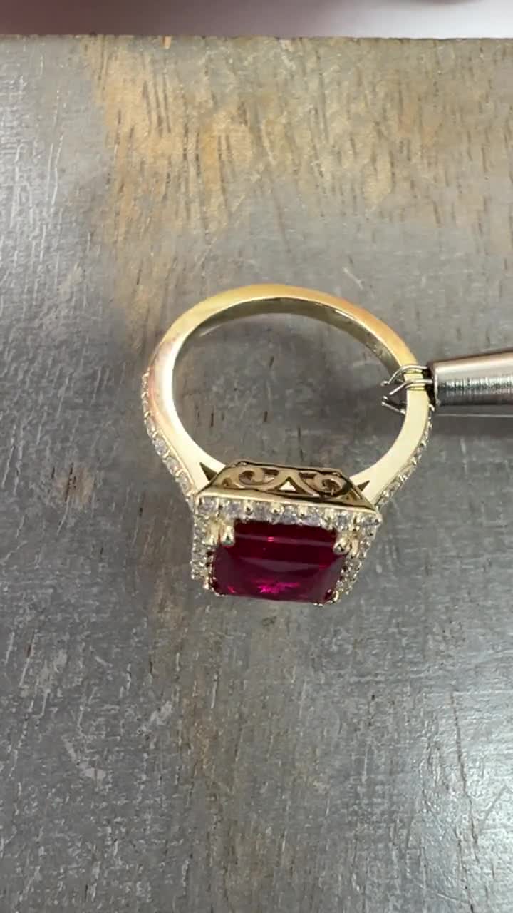Vintage Ruby Princess Shaped Engagement Ring Yellow Gold Unique Gold Ruby  Ring With Moissanite Halo Anniversary Promise Wedding Ring #7385