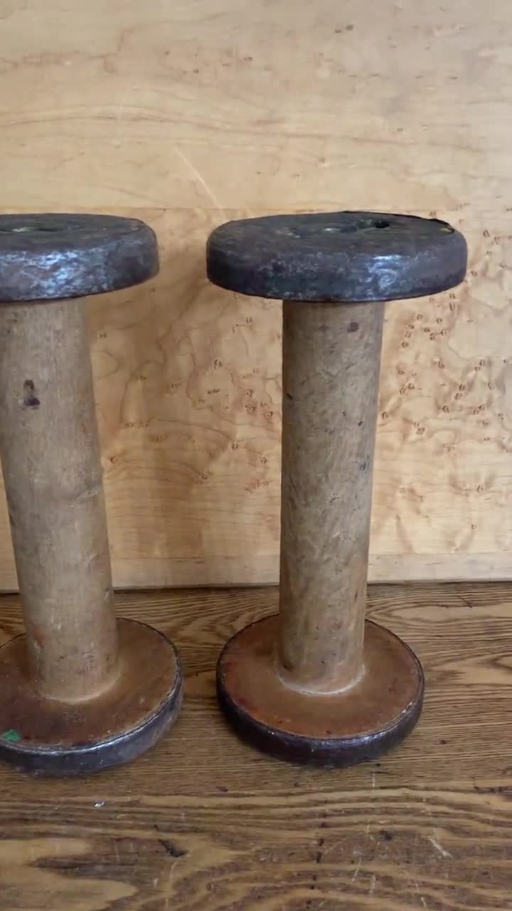 2 Vintage Primitive Style Wooden Spools, 10.5 Tall, Lovely! Marked Akron  Spool