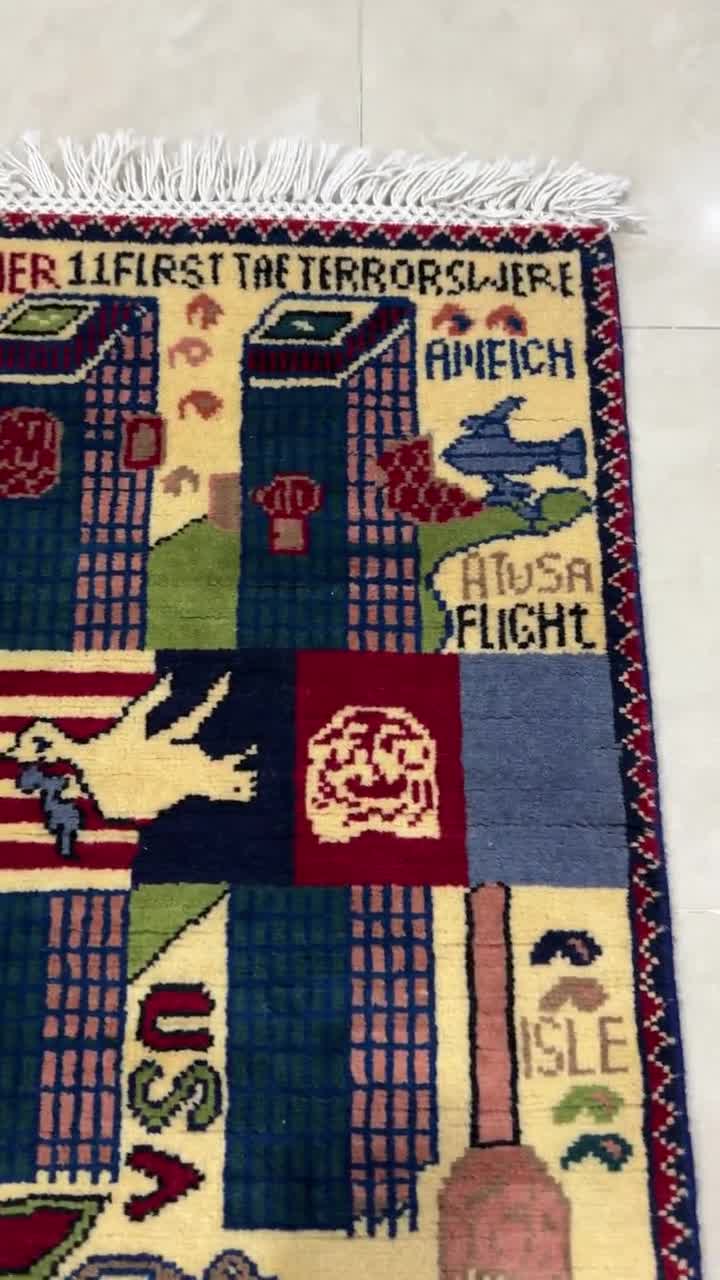 2x3 Ft Handmade 9/11 War Rug – Ivory Wool, World Trade Centre