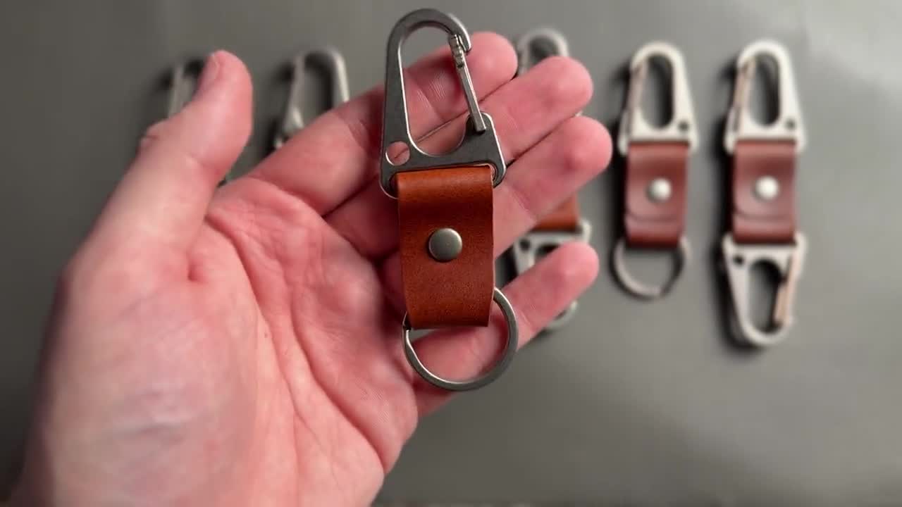 Titanium Carabiner Leather Keychain, Minimalist Full Grain Italian