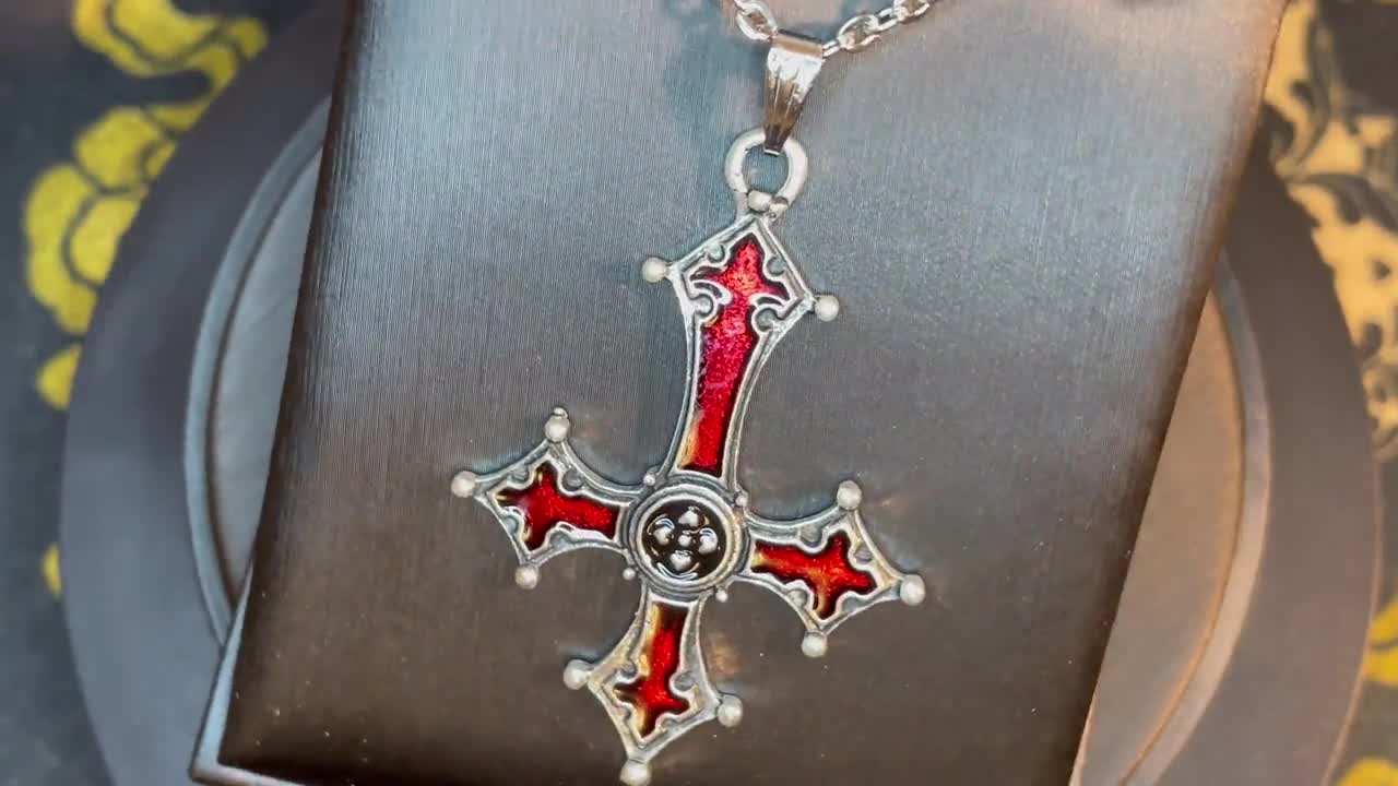 Red Crimson Bloody Inverted Upside Down Cross Pendant Necklace Vintage Gothic Satanic Pagan Wiccan Druid Occult Jewelry - Silver Color