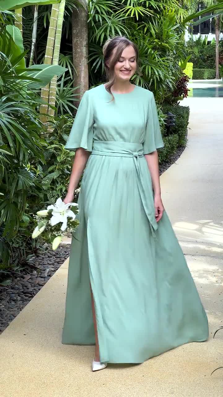 Sage green slit dress with belt, viscose slit dress, bridesmaids dress, wedding guest dress, summer dress, evening dress, formal dress Sage green slit dress with belt, viscose slit dress, bridesmaids dress, wedding guest dress, summer dress, evening dress, formal dress